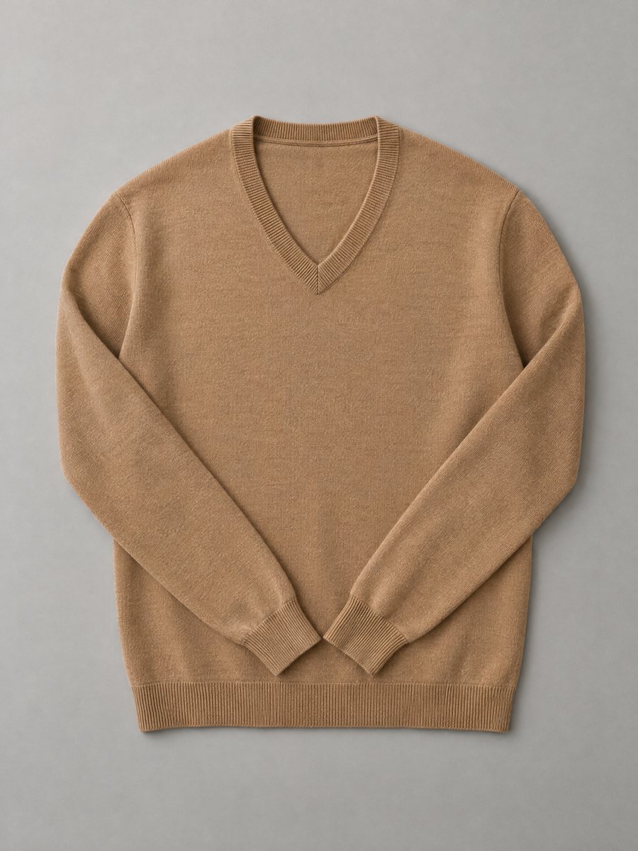 Camel merino V-neck pullover, 12 GG, Madinaple Fashion Craft Ltd.