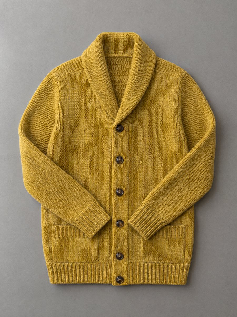 Mustard shawl-collar cardigan, 5 GG, Madinaple Fashion Craft Ltd.